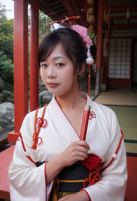 score_9, score_8_up, score_7_up, detailed, masterpiece, photorealistic, asian, hetero, 1girl, highres, Han, looking at viewer, portrait, dressed as a Japanese shrine maiden