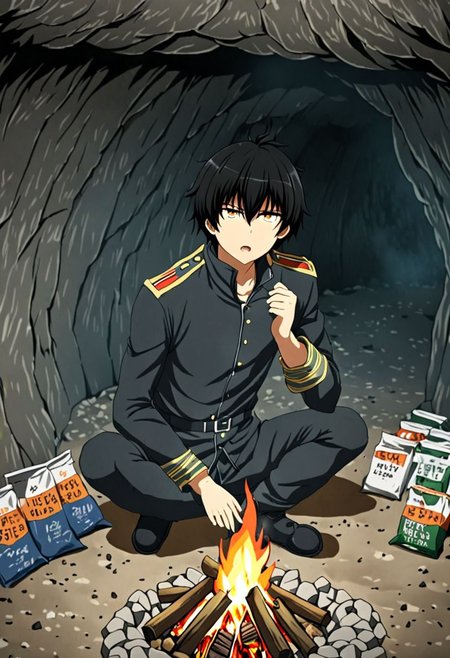 high resolution, solo, best quality, 1Boy, Seiya Kanie, black hair, short hair, thin, cave, bunker, field Ration, bonfire, OverallDetail
