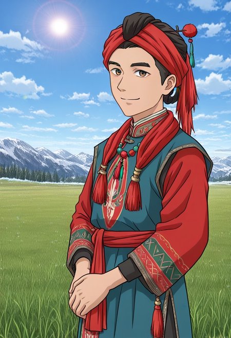 Khampa Tibetan Red Headknots
wearing Red Headknots,solo,1 handsome young man,,1 tibetan boy,happy,looking at the viewer
 anime screencap,tibetan dress, looking at viewer,grassland,sun,meadow,cloudy sky,blue sky,winter,snow