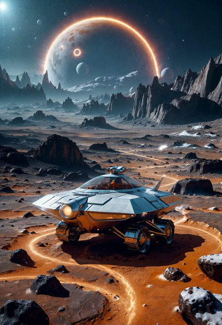retro-futuristic aesthetics, retro design moonrover vehicle on ringed alien landscape surrounded by a system of rings made up of dust, rocks, and ice particles, a stunning celestial spectacle <lora:retro_XL_2:1>