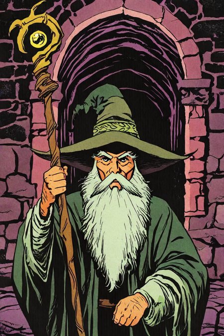 wizard, old man, beard, staff, hat, dungeon, inside a dungeon, 1boy, solo, alone,  upper body,  <lora:retro_comic_fantasy_illustriousXL-000019:0.8>, retro, comic, fantasy,  masterpiece, highres