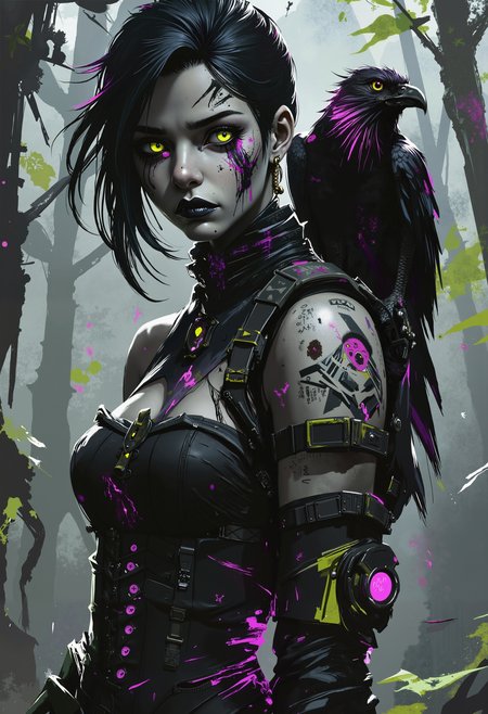 high quality, ultra detailed, colorful, dark cyberpunk fantasy, bo-neon, (bo-abyss:0.8), ArcaneFGTNR, A photo-realistic shoot from a portrait camera angle about a young woman with pale skin, black hair, and a raven perched on her shoulder in a misty forest setting. the image also shows a dark, moody atmosphere with trees and leaves in the background. on the middle of the image, a 1woman, who appears to be in her early twenties, is standing with her upper body facing the viewer, looking directly at the camera with a serious expression. she has long, dark hair and is wearing a black dress with a corset and puffy sleeves. her hair is styled in a messy, messy manner, and she has a mole on her left cheek. her eyes are a striking green color, and her face is adorned with black eyeliner and a piercing. on her right shoulder, a black raven is perched, looking at the viewer with its beak open. the raven's feathers are detailed and realistic, adding to the eerie atmosphere of the scene., partially blended with abstract digital elements. The scene has a dark, moody ambiance. The background features layers of glitch art, fragmented texts, and metallic textures. contrasting against the monochromatic tones of black, grey, and hints of purple. Smudged paint and scratches add a sense of decay and technology.<lora:boFLUX Abyss Neon.safetensors:0.8:0.8> <lora:Flux\boFLUX digital-abyss.safetensors:0.6:0.6> <lora:ArcaneFGTNR.safetensors:1.0:1.0>