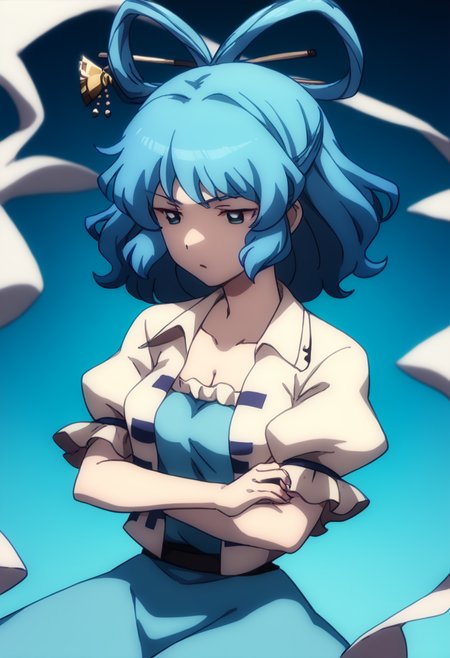 score_9,score_8_up,score_7_up,<lora:touhou_tgm:1>,anime coloring,<lora:Touhou_pony:1>,1girl, kaku_seiga, touhou, hair_rings, hair_stick, blue_dress, white_vest, hagoromo, puffy_short_sleeves, cleavage