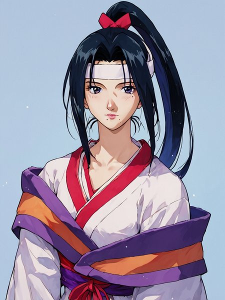 score_9, score_8_up, score_7_up, score_6_up, masterpiece, perfect face, perfect hands, high quality, source_cartoon, (1girl, solo,) <lora:Twilight_Suzuka_-_Outlaw_Star:1> twilightsuzuka, black hair, long hair, headband, ponytail, mole under mouth,  japanese clothes, 1990s (style), white robe,