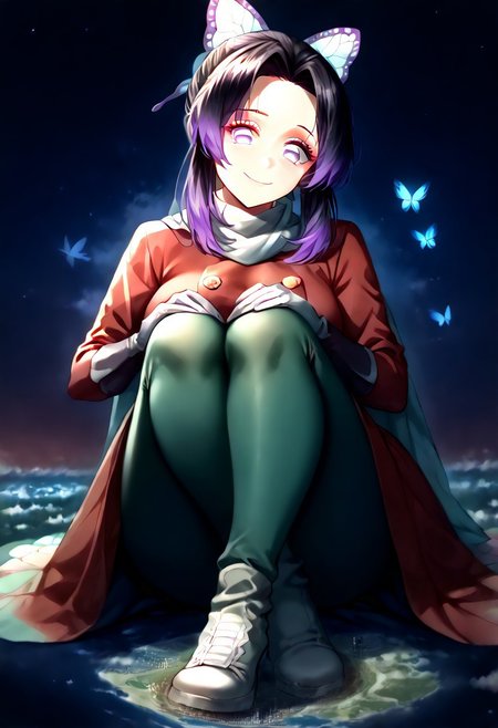 gorgeous lips, cinematic, (masterpiece), (best quality), (ultra-detailed), very aesthetic, perfect composition, intricate details, absurdres, detailed face, (anime, masterpiece, intricate:1.3), (best quality, hires textures, high detail:1.2), score_9, score_8_up, score_7_up, source_anime, 1girl, shinobu kochou, black hair, butterfly, butterfly hair ornament, forehead, gradient hair, hair ornament, multicolored hair, parted bangs, purple hair, long hair, two-tone hair, eyelashes, hair ornament, scarf, dress, red dress, long sleeves, buttons, gloves, white gloves, belt, pantyhose, green pantyhose, laced high heels, white footwear, skirt, flower patterns, alternate_costume, enormous breasts, facial expression, kind, soft eyes, head tilt, slightly smiling, closed mouth, goddess, planet size, giantess, giant, size difference, growing even bigger, sitting on the ground, ruanyi0639,hugging own legs, hugging knees, floating object, gradient eyes, beautiful detailed eyes, city, in the city, night sky, solo, holding planet, (masterpiece:1.4), (best quality:1.4), (ultra-detailed:1.2), gl0w, glow,
