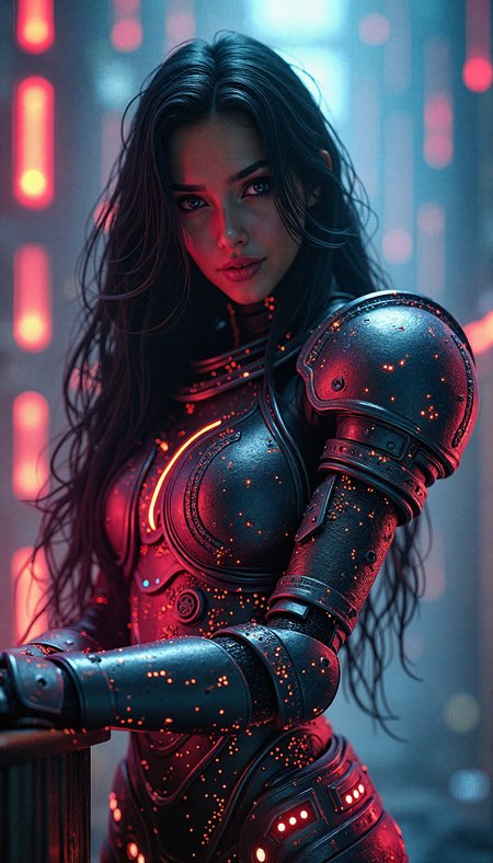 A fierce female warrior with long, flowing black hair, her armor etched with glowing rainbow colored circuits, lining strip of RGB led lighting  and electronic chip, stands in the heart of a digital nexus. leaning on object, head slightly tilt, looking at viewer smilng, long fingernails, fingerless gauntlet, Surrounding her is a vortex of luminous circuitry, casting intricate patterns of light on her armor. The scene is rendered with photorealistic detail, the lighting capturing the interplay between the metallic textures and the pulsating rainbow colored energy energy of the digital backdrop.
3d render in unreal engine