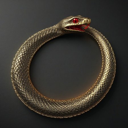 Glowing Snake,Ouroboros, 8k, high resolution, fine quality, high quality, very detailed, photo realistic, snake eating its own tail, snake with its tail in its mouth, snake, solo snake, detailxl, background, snake has a ruby as an eye.