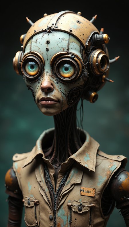 A detailed, steampunk-inspired sculpture of a humanoid robot. The robot's head is intricately designed, featuring large, round, circular eyes and a textured, metallic surface. The color palette consists of earthy tones: browns, grays, and muted blues, creating a vintage and industrial aesthetic. The sculpture's face is detailed, with a neutral expression and a slightly downturned mouth. The humanoid wears a worn-out shirt with a small, rectangular tag attached to the collar. The background is blurred, highlighting the robot as the central subject. The image evokes a sense of mystery and intrigue, as if the robot is in a state of deep thought or contemplation.