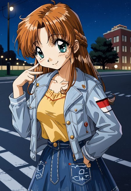 detailed background, shiny skin, posing, rating safe, <lora:komirin.pony:1.0>,
komirin, seina, smile, medium breasts, denim jacket, long sleeves, open jacket, yellow shirt, denim skirt, outdoors, Denver (city, Colorado), road, night