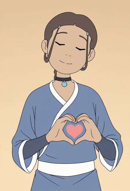 <lora:Katara_Illustrious_X:1>
 <lora:Juukyuu_Style:1>
1girl, dark skin, dark-skinned female, brown hair, choker, jewelry, hair ornament, katara, braid,
solo,
blue robe, upper body,
head tilt, light smile, closed mouth, closed eyes,
own hands together, heart hands,
masterpiece, flat colors, solid circle eyes,