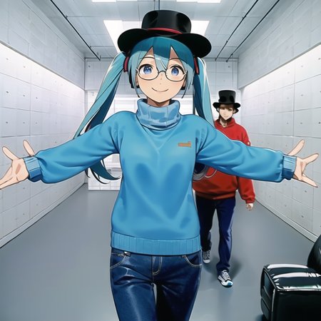 masterpiece, best quality,
VIS1,  indoors, tiles,  ceiling, couch, tile wall, realistic, 
1girl,  glasses, hatsune miku, long hair, blue sweater,  long sleeves,  blue pants,  hat,  top hat, smile, spread arms, walking, 
 <lora:VirtualInsanity:0.6>