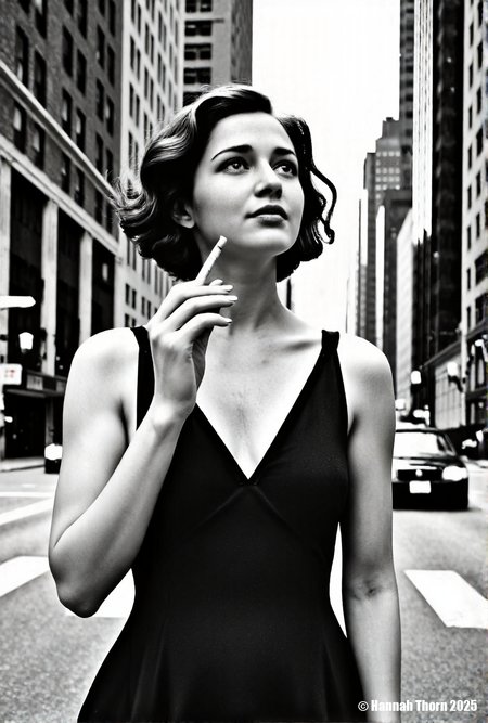 A realistic black and white photograph of a young beautiful brunette woman standing on a city street, wearing a black v-neck dress, with short curly hair, holding a cigarette in her hand, looking up at the sky, with tall buildings in the background, cars driving on the street, street signs on the buildings, daytime, medium shot, detailed face, realistic skin texture, film grain, high resolution, natural lighting, dramatic shadows, shot with a Leica camera, 50mm lens, f/2.8 aperture, 1/250 shutter speed, ISO 200, shot on Kodak Tri-X 400 film., <lora:_Flux\_Photographer\Helmut_Newton-000001.safetensors:0.8300000000000002:0.8300000000000002> <lora:_Flux\_Skin_Appearance\detailifier_flux-000006.safetensors:0.8300000000000002:0.8300000000000002> <lora:_Flux\_Skin_Appearance\Old_Beauty.safetensors:0.7500000000000001:0.7500000000000001>, A stunning black and white portrait of a young woman, her face partially obscured by a strip of 35mm film. The film runs vertically, bisecting her face, with the individual frames visible and adding an intriguing layer to the composition. Her expression is serene, eyes gazing slightly off-camera, framed by dark, wavy hair. The lighting is soft and diffused, creating subtle shadows that accentuate her features. The background is a soft, out-of-focus white, drawing attention to the subject. The overall mood is artistic and contemplative, evoking a sense of classic Hollywood glamour. The image is reminiscent of vintage photography, with a timeless quality. The contrast between the smooth skin and the textured film adds visual interest. The composition is simple yet effective, creating a captivating and memorable image., <lora:_Flux\_Photographer\Helmut_Newton-000001.safetensors:0.8300000000000002:0.8300000000000002> <lora:_Flux\_Skin_Appearance\detailifier_flux-000006.safetensors:0.8300000000000002:0.8300000000000002> <lora:_Flux\_Skin_Appearance\Old_Beauty.safetensors:0.7500000000000001:0.7500000000000001><lora:_Flux\_Photographer\Helmut_Newton-000001.safetensors:0.8300000000000002:0.8300000000000002> <lora:_Flux\_Skin_Appearance\detailifier_flux-000006.safetensors:0.8300000000000002:0.8300000000000002> <lora:_Flux\_Skin_Appearance\Old_Beauty.safetensors:0.7500000000000001:0.7500000000000001>