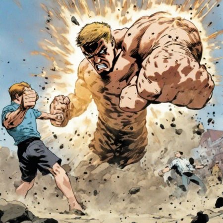 man punching giant, unarmed, action shot