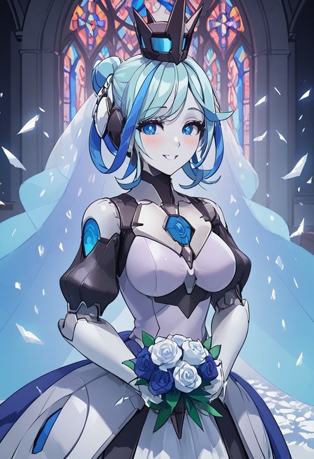 score_4,score_5,score_6,score_7_up,score_8_up,score_9 ((masterpiece,best quality,ultra detailed,highres,HD,4k:1.2)), 
1 girl, solo,solo focus,girl focus,face focus,
robot joints,colored skin,
blue hair,two-tone hair,multicolored hair,streaked hair,single hair bun,crown,blue eyes,large breasts,
wedding dress, wedding veil,bouquet,
wedding ceremony, church,
looking at viewer,happy,light smile,blush,