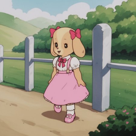 score_9, score_8_up, score_7_up, score_6_up, score_5_up, score_4_up, source_furry, RolleyCocker, anthro, female, dog, tan fur, long ears, pink ear bows, pink dress, pink bowtie, white shirt, collared shirt, short sleeves, puffy sleeves, pink shoes, white socks, standing, outside, in a field,