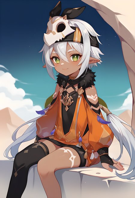 score_9_up,score_8_up,score_7_up,<lora:GI_Iansan_v1.0_PONY-000014:1>,
GI_Iansan,solo,1girl,
low twintails,green eyes,dark skin,long hair,hair between eyes,white hair,tattoo,pointy ears,
hair ornament,puffy sleeves,single thighhigh,fur trim,black thighhigh,facial mark,orange dress,ring,
smile,sitting,wariza,on a desert,hands_on_lap