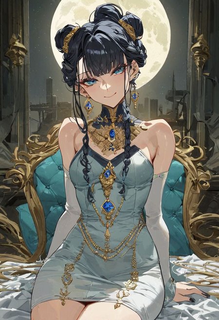 score_9_up, score_8_up, score_7_up, very detailed, 
1girl, fair skin, Indian woman, gold piercings, indian make up, black hair, light blue hair, multicolour hair, small breasts, moon goddess, flowing teal dress, decorated dress with jewels and silver, high necked dress, fully covered breasts, covered chest, tight dress, impressive hair, braided hair, hair bun, fancy hair, sly smile, arrogant expression, condescending expression, night time, sitting on steps, looking at viewer, solo focus on female face, portrait shot, from stomach up, stylised, cyberpunk building in background, detailed face, best detail, (best quality:1.5), masterpiece, (high resolution:1.5) 
ng_deepnegative_v1_75t, OverallDetail, , Expressiveh