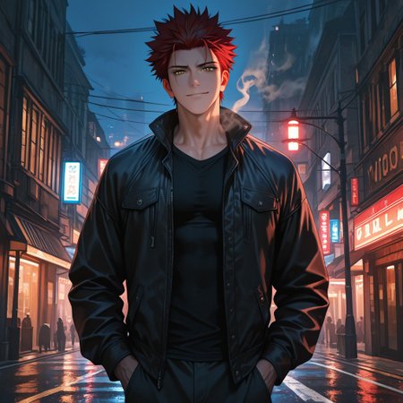 masterpiece, best quality, amazing quality, absurdres, newest, detailed background, definition so sharp, Ultra-HD, 8K cinematic, very awa, impressionate, amazing quality, highres, 
solo, male focus, manly, 
1boy, spiked hair, short hair, mikoto_red hair, mikoto_yellow eyes, mikotosuoh, open jacket, black shirt, smoke, urban setting, night, streetlights, subtle glow, predatory gaze, muscular, standing, hands in pockets, looking at viewer, calm expression, slight smile,