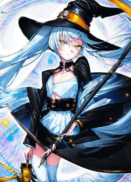 best quality, masterpiece, f highres, creative,  hyper detailed, 
oil painting, (((flat chest))), black shirt, 1girl, teen witch with pointed hat holding a broom and a wand in her hand, with a blue hair and white eyes, official art, a manga drawing,  full body view