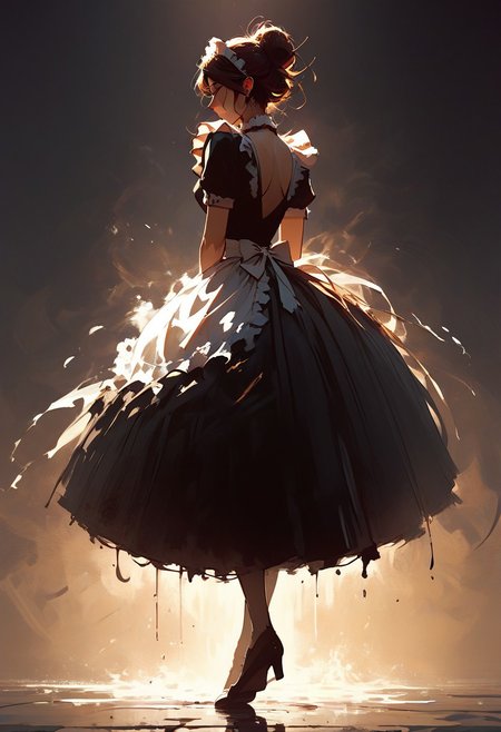 score_9, score_8_up, score_8, 
1girl, solo, female, woman
maid, french maid, backlit, messy hairbun, 
full body, 
blend_in. black background,
