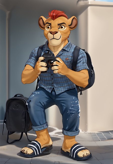 masterpiece, best quality, newest, anime, source anime, illustration, westernvisualnovel style, 

(((Barefoot furry character, cinematic setting, furry male))), eyecatching composition, dynamic pose, dynamic angles, detailed background

(((Kion))), furry character, (((hefty lion boy))), full body, solo, young school lion boy, ((tourist)), flannel plaid shirt, cargo half length pants, half pants, (((in historical center of the city))), (((gothic architecture))), lion feet paws, four toes, foot focus, wearing sandals, adiletteonfeet, backpack, (((holding camera with both hands))),
