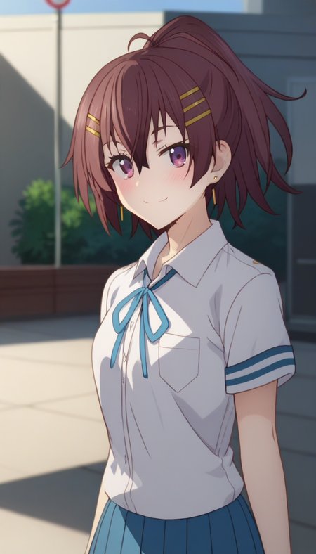 score_9,score_8_up,score_7_up,score_6_up BREAK official art,solo,outdoors,upper body,(portrait:1.5),looking at viewer,facing viewer,smile,blush,Momozono Momoka,long hair,brown hair,ponytail,hair ornament,hairclip,hair between eyes,bangs,purple eyes,school uniform,white shirt,collared shirt,blue ribbon,short sleeves,small breasts,skindentation,miniskirt,blue skirt,pleated skirt,bare legs,sneakers,blue footwear,<lora:Momozono Momoka(dhh)-Pony:1.8>,