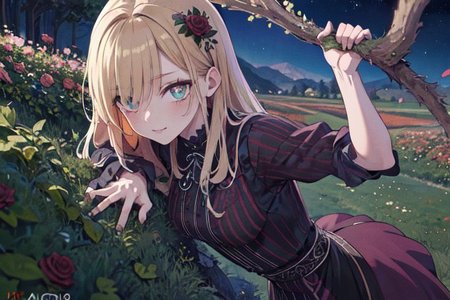 (masterpiece:1.4), 4K8K, (anime style), (high shutterspeed:1.4), (sharp edges), 
plants niji style,
flower rose, 1 woman prey with hands togather, neeling, leaning foward, 
wearing Celtic style dress, (Detailed face, Detailed eyes), 
amber colored, Alps in the background, at night,
