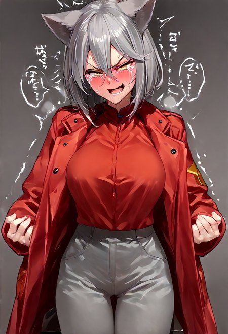 score_9, score_8_up, score_7_up, score_6_up, score_5_up, score_4_up, source_anime, solo, 1girl, absurdres, big thigh, (blush)), trembling, open mouth, (((((sweating))))), ((((seductive smirk)))), crying, (((blush)))  trembling, (((embarrassed face))), (((drunk))), ((blush)), huge breasts, standing, ProjektRed, grey hair, hair between eyes,  animal ears, red coat, animal tail, yellow eyes, tented shirt,  (((clothes up))), ((view from in front )), shirt in pants, N0R3AL_PDXL, big nipples,