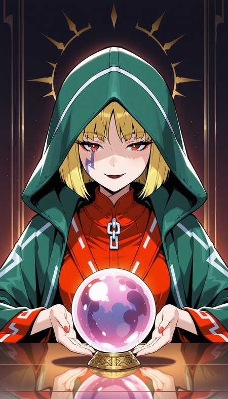masterpiece,best quality,amazing quality,1girl,lunar_sssc_royce, portrait, sitting, table, green cloak, green hood, red trim, crystal ball, mysterious smile