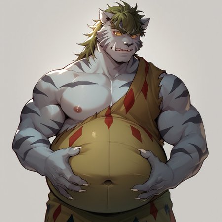 score_9, score_8_up, score_7_up, Byakko, bara, tiger boy, toga, bara, male focus, colored sclera,  solo, 1boy, belly