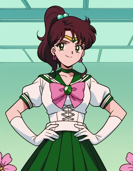 score_9, score_8_up, score_7_up, source_anime, <lora:makoto-kino-s3-ponyxl-lora-nochekaiser:1>, makoto kino, brown hair, circlet, green eyes, hair bobbles, hair ornament, medium hair, ponytail, sidelocks, parted bangs,, back bow, bow, bowtie, brooch, choker, earrings, elbow gloves, flower earrings, gem, gloves, green choker, green gemstone, green sailor collar, green skirt, jewelry, miniskirt, pink bow, pink bowtie, pleated skirt, sailor collar, shirt, short sleeves, sidelocks, skirt, white gloves, white shirt,, indoors, smug, smile, looking at viewer, solo, hands on hips,, cowboy shot, dutch angle