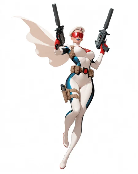 solo, (full body shot, wide shot:1.2), 1girl, (30 year old Russian woman:1.2), beautiful female cyborg spy, fair skin, (white with light blue accents superhero bodysuit with armor padding:1.3), white body armor vest, thigh pistol holsters, white cloak, white military beret, cyborg, cybernetic seams, utility belt, blue eyes, epic red visor, long blonde hair, hair bun, white arm length gloves, slim waist, (toned body:1.1), (large breasts:1.2), wide hips, ultra detailed face, (blue lips:1.2), confident closed mouth smile, strong jaw line, white thigh high superhero boots, (shooting a uzi machine pistol with a suppressor:1.2), white background, (dynamic pose, dynamic composition, dynamic angle:1.2), digital painting, masterpiece, best quality, very awa, absurdres, 8k, comic art style,  <lora:NOOB_vp1_detailer_by_volnovik_v1:0.6> <lora:noobai_vpred_1_aqm_complete_v3:0.3> masterpiece, best quality, very aesthetic <lora:HyperdetailedColoredPencilIl:0.3> ArsMJStyle, Colored pencil hyperdetailed realism <lora:ponyv6_noobE11_2_adamW:0.3> <lora:illustriousXL_stabilizer_v1.7:0.4> <lora:Comics_IllustriousXL_Lora:0.3> C0M1C5 Style <lora:Superhero_Aesthetic_Illustrious:0.3> SUP3RH3R0 Style, comic art style, <lora:Carlos GomezStyleilluLYCO:0.3> cgstyle, (borderless), <lora:ppw_v7_Illuv1.0_1_r2:0.2>, <lora:anatomy_helper:1> <lora:Uzi_-_Machine_Pistol:0.5>