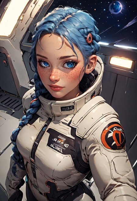 score_9,score_8_up,score_7_up,score_6_up, source_illustration, a cute thin girl with long blue braided hair, blue eyes, fair skin, freckles,wearing a (space suit:1.2), small breasts, tattoos; standing in the corridor of a spaceship, looking directly at the viewer, view from above; dimly lit, dark lighting, volumetric soft light, hazy, intricate details, rating_explicit, nostromostyleai, starship interior, space outside, grungy and worn-down spaceship corridors, no windows, nostromostyleai, m41apls, holding a pulserifle,