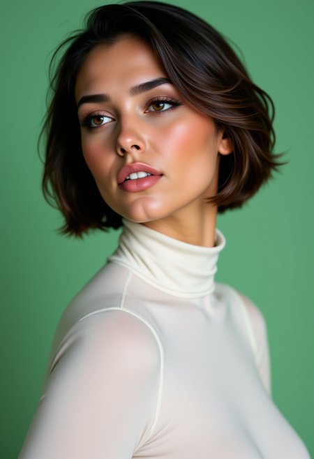 Headshots,masterpiece, a beautiful woman,Hyperrealistic, she is smiling, dynamic angles, multiple angles, photoshoot poses; A photo of Brunette Female 9, a woman with short hair, she has massive breasts, a beautiful girl,she is wearing a white turtleneck sweater.she has massive breasts, she has piercing eyes. a dynamic pose and a sense of action. simple green background, and the lighting is soft, creating a dramatic effect, creating a focused and dynamic pose.; the scene is set in a beautiful well-lit environment, with a sense of action and adventure. Style: realistic hyper-detailed rendering, 32k UHD, expressive eyes, punk, graphic design, girl's face, pretty and cute, gleaming lips, telling a tale of adventure. Exuding confidence and serenity. The overall mood of the image is happy and relaxed, detailed skin texture,(blush:0.2),(goosebumps:0.3), subsurface scattering,with a playful and whimsical tone,aidmafluxpro1.1, perfection style,