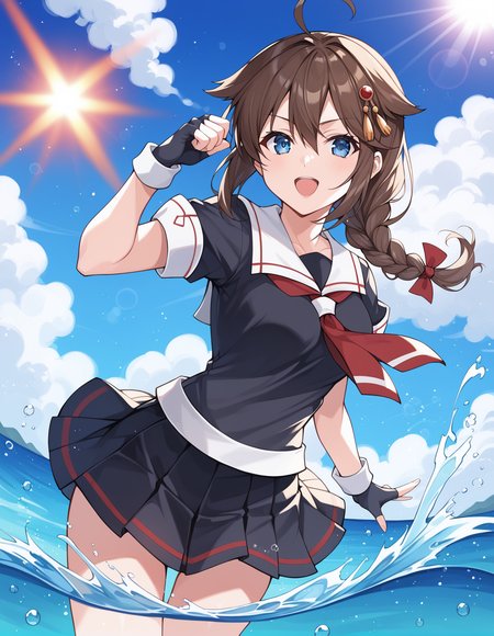 score_9, score_8_up, score_7_up, source_anime, rating_safe, BREAK <lora:shigure_XL-Pony_LoRA-C3Lier_16-16-8-8_AdamW_Un3e-4_Te1.5e-4_10batch:1>, shigure \(kancolle\), 1girl, blue eyes, ahoge, hair flaps, single braid, hair over shoulder, brown hair, long hair, hair between eyes, medium breasts, hair ornament, black serafuku, white sailor collar, red neckerchief, short sleeves, fingerless gloves, black gloves, black skirt, pleated skirt, serious, reaching towards viewer, dutch angle, open mouth, looking at viewer, facing viewer, light particles, light rays, floating hair, wading, ocean, splashing, wind, explosion, blue sky, cloud, sunlight, lens flare
