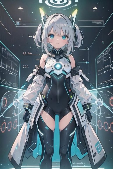 (masterpiece), (science fiction:1.4), 1girl, standing, smile, silver hair, aqua eyes, headgear, long sleeves, detached sleeves, glowing energy clothing, light particles