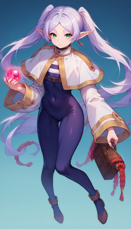 <lora:frieren_nereirfpnxl_pony_v2:1> score_9, score_8_up, score_7_up, score_6_up, score_5_up, score_4_up, source anime,
 nereirfpnxl, frieren, 1girl, solo, twintails, pointy ears, green eyes, long hair, holding, full body, jewelry, bodysuit, looking at viewer, elf, long sleeves, white capelet, white hair, shiny clothes, closed mouth, wide sleeves, skin tight, bangs