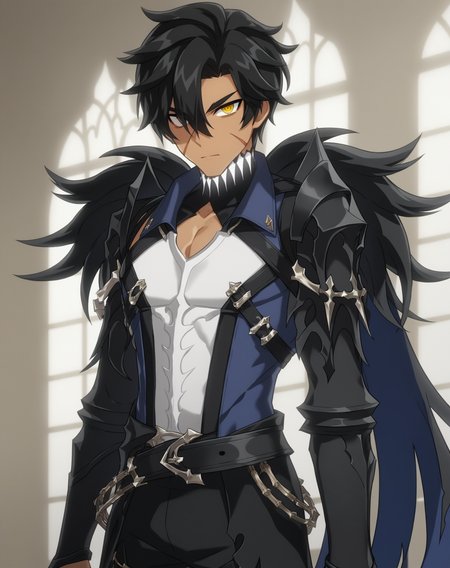 score_9, score_8_up, score_7_up, source_anime, anime screencap, depth of field, rating_safe, BREAK,
1boy, solo, yaoi, male focus, mature male, 
looking at viewer, cowboy shot, facing viewer, straight-on, 
<lora:raven_revenant:1> ravenrevenant, black hair, yellow eyes, short hair, hair over one eye, dark skin, scar on face, 
indoors,