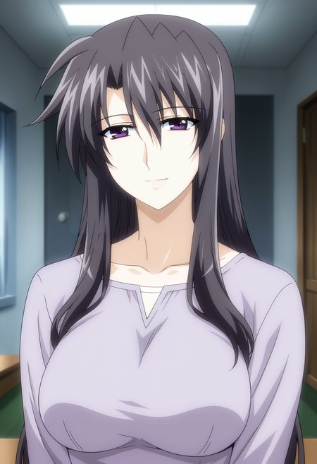 <lora:Precia_Testarossa-Mahou_Shoujo_Lyrical_Nanoha:0.9>,Precia Testarossa,mature female,1girl,solo,long hair,black hair,purple eyes,large breasts,shirt,upper body,looking at viewer,indoors,smile