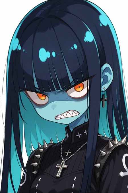 masterpiece, best quality,   <lora:Style55IXL_v5:1.0>, 1girl, solo, long hair, looking at viewer, bangs, simple background, black hair, white background, jewelry, blue hair, yellow eyes, upper body, multicolored hair, teeth, blunt bangs, two-tone hair, orange eyes, colored skin, cross, sharp teeth, clenched teeth, angry, spikes, colored inner hair, blue skin, cross necklace, sanpaku, glaring