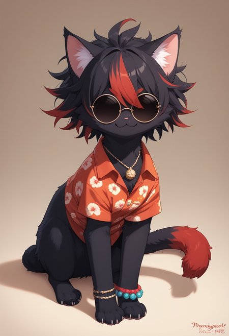 (score_9, score_8_up), score_7_up, score_6_up, best quality, highest quality, (feral), cat, animal focus, furry, female, (solo), full body, official style, (body fur), (black body, black fur, red fur), (black hair, red hair, streaked hair), (messy hair, spiked hair, highlights), cat ears, animal nose, tinted eyewear, round eyewear, hidden eyes, smirk, red markings, red stripes, necklace, hawaiian shirt, bracelet, paws, cat tail, clothed feral, no humans,