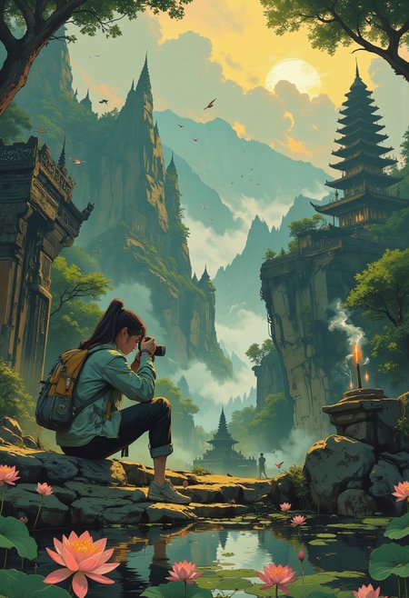 A photographer capturing the essence of an ancient Asian temple at dawn: a misty, tranquil morning in a secluded temple complex, where towering stone statues and intricate pagodas emerge from a sea of lush green. A young woman with long, dark hair, dressed in casual yet stylish travel attire, kneels on the stone steps with a vintage camera, focused on capturing the sacred beauty of the scene. The soft light of the rising sun casts golden rays through the mist, illuminating the delicate carvings on the temple walls and the distant silhouette of a mountain range. In the foreground, lotus flowers bloom in a serene pond, their vibrant colors reflecting the morning light. Around her, an array of delicate incense smoke drifts lazily through the air, adding to the spiritual ambiance. The surrounding forest is alive with vibrant tropical greenery, birds perched on branches, and the distant call of temple bells. Perfect composition, hyperdetailed textures, photorealistic lighting with soft bokeh, dynamic lighting with halation, and ambient occlusion. A breathtaking masterpiece, 8k ultra-quality, inspired by DB4RZ style painting, NeoPigma, in the style of cksc, anime, and cultural realism.
