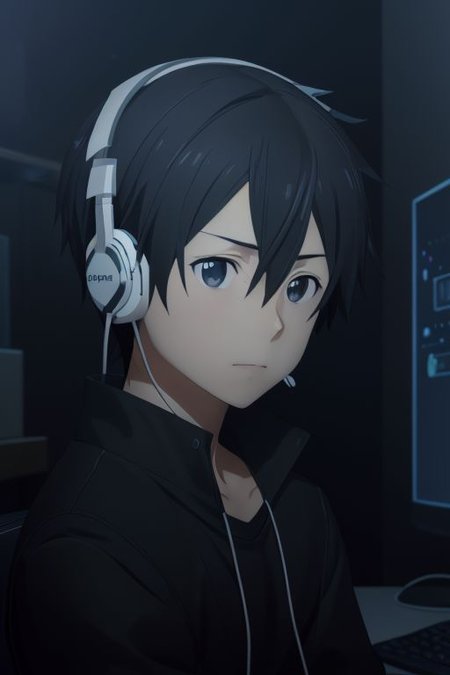 high resolution, solo, best quality, 1Boy, Kazuto Kirigaya, portraits, Black Hair, Black Eyes, gamer, bedroom, night, pc, sit, headset, portrait, OverallDetail