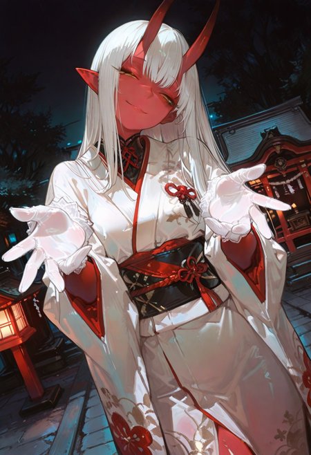 masterpiece, best quality, good quality, newest, highres, absurdres, volumetric lighting,gradient color,
BREAK 
raytracing, volumetric lighting, ambient occlusion, girl, luminescent background, masterpiece, best quality, very awa, absurdres, 
BREAK
Aka-Oni, oni, colored skin, (red skin:1.3), straight horns, solo, long hair, model style,
 evil eyes, evil, bullying, sinister, 
BREAK
masterpiece,amazing quality,best quality,ultra-detailed,8K,illustration,CG,shiny hair,clear skin,ultra-detailed-eyes,simple background,cute girl, eyelashes
BREAK,
white gloves, see-through gloves, long kimono, outdoors, shrine, night, moonlight, dutch angle, dark theme, high contrast, reaching towards viewer, foreshortening, smile, half-closed eyes, head tilt, sash,
