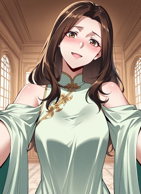<lora:Lu_Luo:1>
1 girl, solo, long hair, brown hair, brown eyes, bangs
chinese clothes, green dress, bare shoulders, shoulder cutout, clothing cutout
score_9, score_8_up, score_7_up, score_6_up, source_anime, rating_explicit, 1girl, solo, smile, embarrassed, alcalose eyes, open mouth, mansion, indoors, looking at viewer, outstretched arms, pov, close-up, (head tilt:1.2)