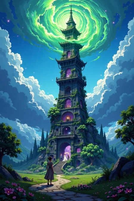 Magic tower beautiful  landscape, rainy day, woman, very intricate, very detailed, sharp, bright, colorful, <lora:Hand v2:0.5> <lora:Anti-Blur:1><lora:Insane Detail Slider:0.25>  <lora:flux.1_lora_flyway_Epic-detail_v2:0.3> <lora:fluxenhancer:0.25> <lora:ROWER:0.8> <lora:Anime art - Variant 3:0.6> Anime art