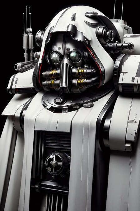 ((masterpiece,best quality)), absurdres, mechanical arms, robes, hood, ((techpriest)), cyborg, mechanical face, (TheEmpireStyle, white) mechanical limbs, gas mask, black robe, 1other, solo, ((Warhammer 40000))
