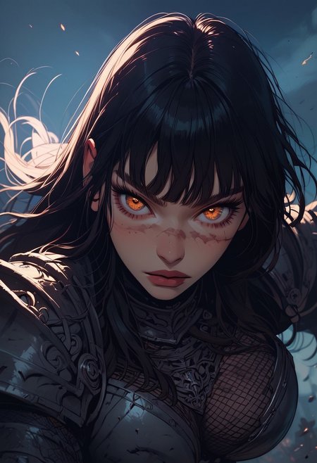 Score_9, Score8_up, Score_7_up, (((High Resolution, Best Quality))), 
1girl, beautiful, breasts, battle scarred, damaged armor, fishnets under armor, bangs, long hair, plated armour, holding battleaxe, battle stance, dynamic angle, ancient fantasy city, battle-ready stance, dynamic pose, at night, moonlight, riding a nimbus cloud, nimbus, directional lighting, viewed from above,
beautiful eyes, detailed eyes, perfect eyes, orange eyes, beautiful eyes, looking at viewer, extreme foreshortening,