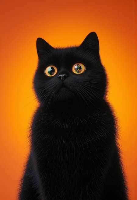 A serene yet captivating scene featuring a thick, black, fluffy cat sitting against a vibrant orange backdrop. Its wide, inquisitive eyes are filled with a magical reflection—a brightly lit Christmas tree adorned with colorful ornaments and twinkling lights. The reflection shimmers in the cat's dark, glossy eyes, capturing the warmth and joy of the holiday season while hinting at a world beyond the frame.
The backdrop remains a rich, contrasting orange, casting a gentle, golden glow that enhances the cat’s velvety fur. Soft, directional lighting highlights the luxurious texture of its thick coat and the rounded contours of its expressive face. Shadows fall subtly, framing the cat’s elegant form without overwhelming the simplicity of the composition.
The cat sits upright, its tail wrapped gracefully around its side, exuding quiet confidence and curiosity. Tiny glints of lighter fur on its chest catch the soft light, adding depth and dimension to its otherwise inky silhouette. The atmosphere is peaceful and festive, with the vivid orange background providing a sense of warmth that complements the shimmering, colorful lights reflected in the cat’s eyes. This intimate moment captures the blend of feline curiosity and the quiet magic of the holiday season.