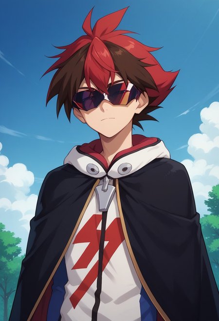 score_9, score_8_up, score_7_up, source_anime, highly detailed, 
hiroryuga, 1boy, male focus, solo, red hair, multicolored hair, two-tone hair, cape, visor glasses, sunglasses, upper body,
brown hair, hood,
outdoor, sky, clouds, tree